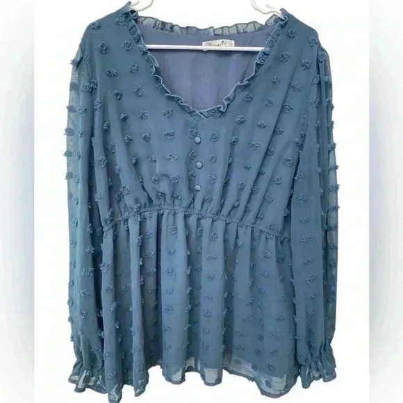 Maacie Tops - Maacie Babydoll Top Womens 2XL Sheer Long Sleeve Swiss Dots Large Blue Feminine